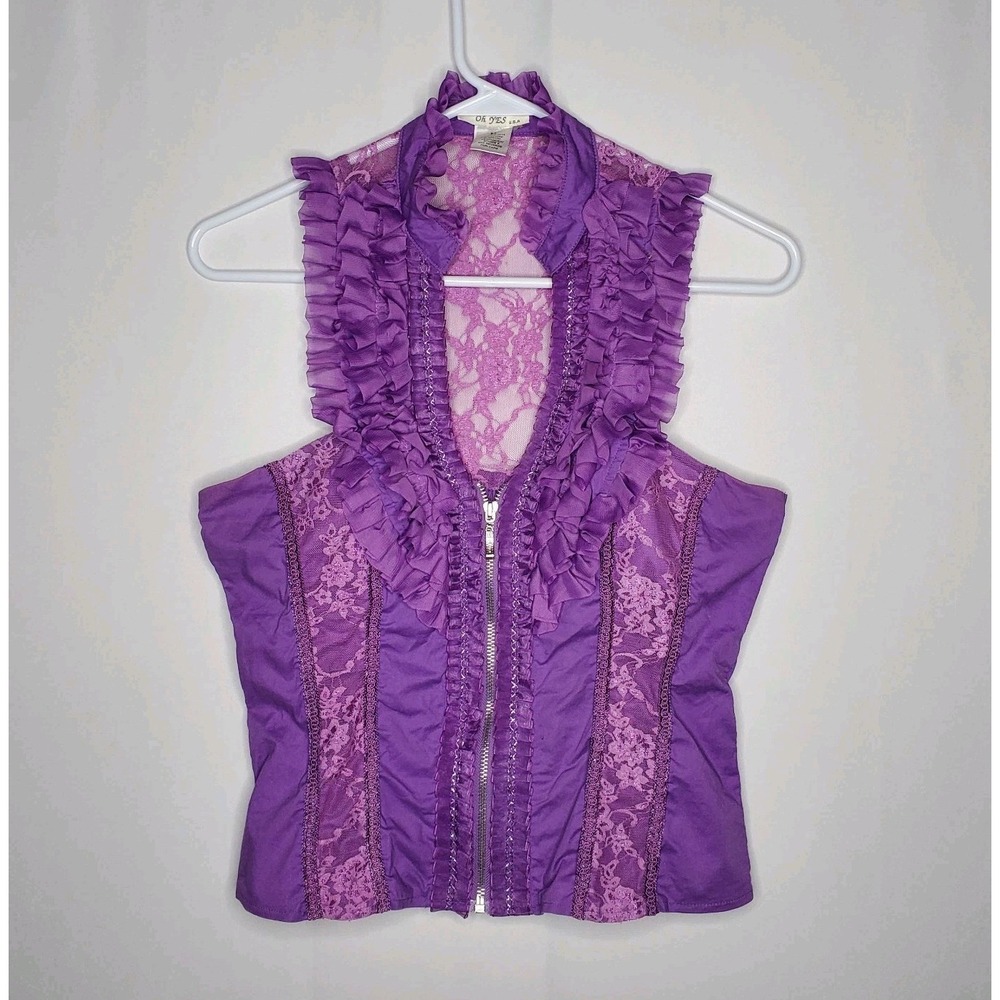 Oh Yes USA Y2K Party Vest Women M Purple Ruffle Lace Smock Zip Going-Out Whimsy
